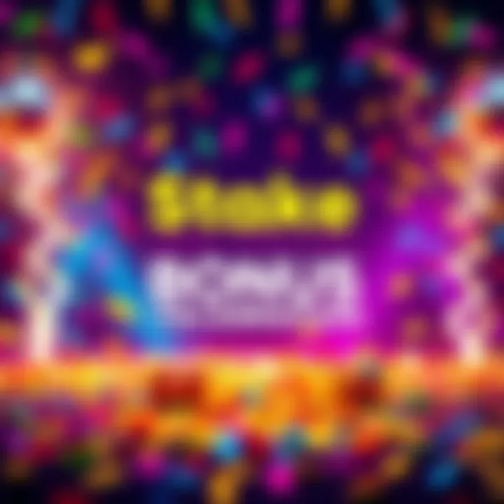 Colorful celebration graphics with confetti and party elements for Stake's anniversary on August 1.