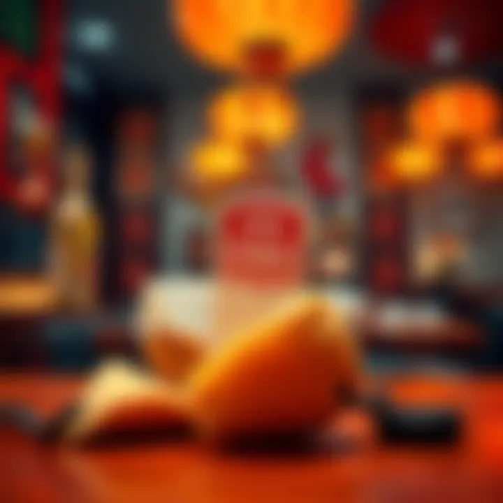 A fortune cookie with the Stake logo inside, surrounded by a Chinese restaurant setting