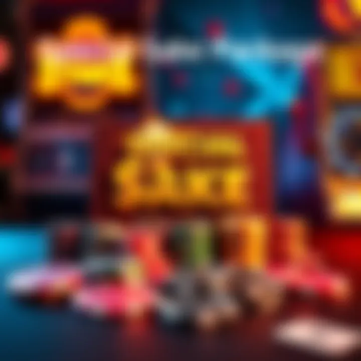 A colorful display of gaming items and bonuses from the special Stake package including poker chips, cards, and a jackpot machine.