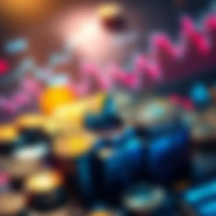Staking Challenges in Cryptocurrency A visual representation of cryptocurrency staking challenges, featuring digital coins and charts indicating market trends, focusing on engagement and growth in the blockchain space.