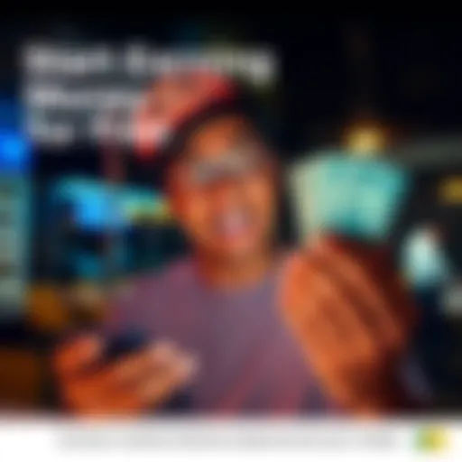 A person excitedly looking at their phone while holding cash, representing the opportunity to earn money quickly.
