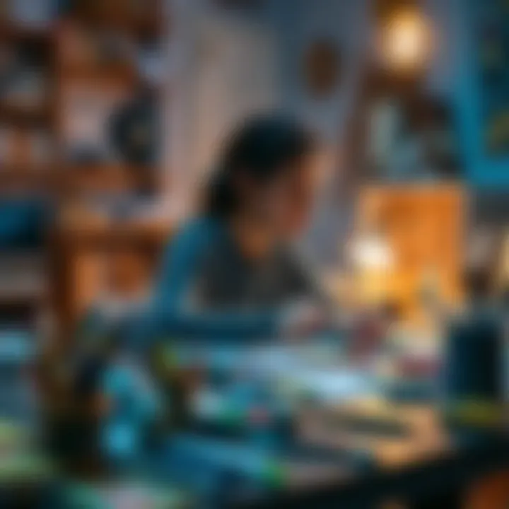 Starting a New Hobby A person sitting at a table with crafting supplies, learning and practicing a new hobby, looking focused and engaged.