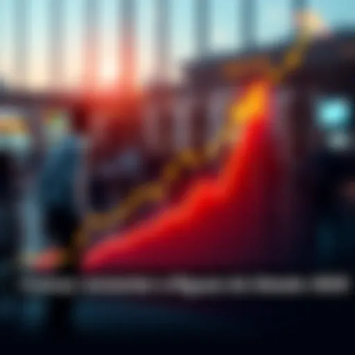 A graph showing upward growth in state economy with people discussing plans in the background.