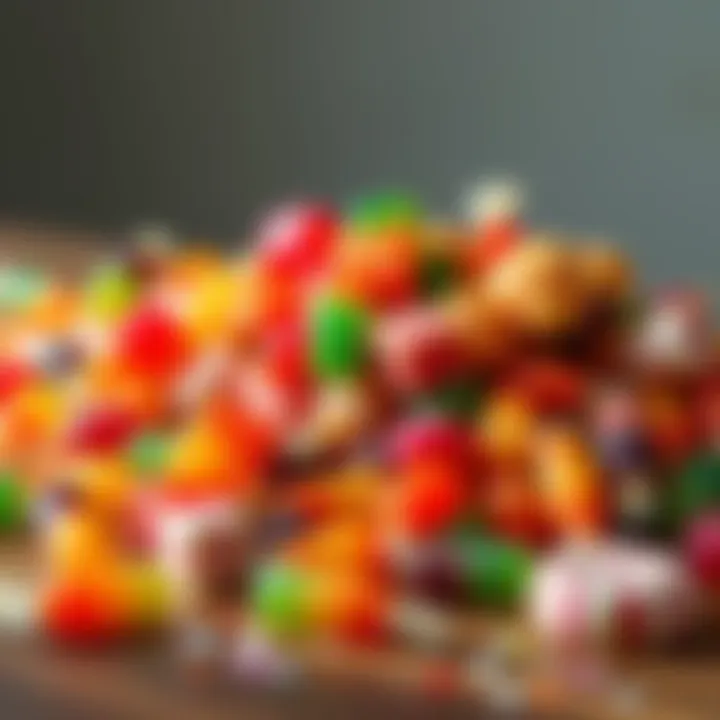 Sticky Candy Varieties A colorful assortment of sticky candies including taffy, caramel, and gummy treats on a table