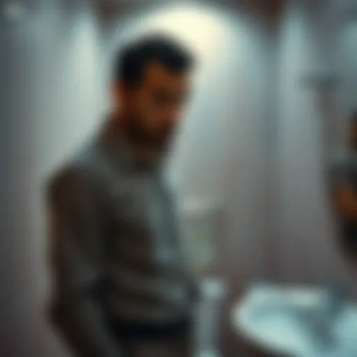 A man stands in a bathroom with an odd expression while urinating in an unusual manner, evoking confusion and surprise.