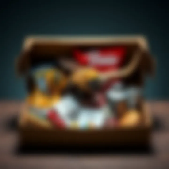A box containing a bee and bull items with a mix of fries and cards