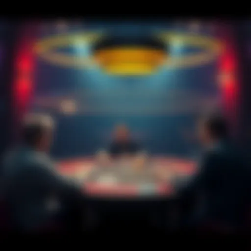 A player contemplating a difficult decision at a poker table during a tournament, avoiding a costly move.