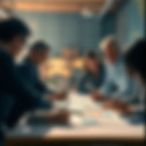 A diverse group of people collaborating over a table with charts and plans, focused on strategic planning for future goals.