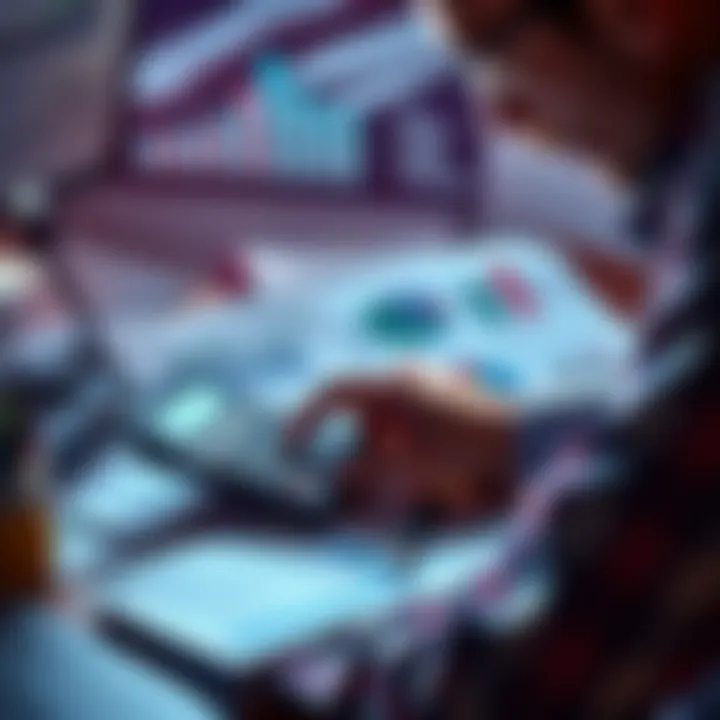 A person analyzing charts and graphs with a calculator, surrounded by notes, planning strategies for maximizing results in a game or project.