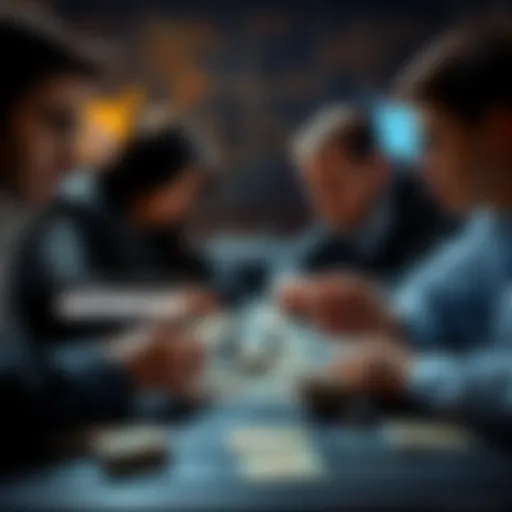 A close-up of a strategy card game in progress, showing players engaged in intense focus while calculating their next moves.