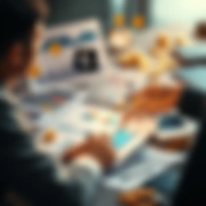 A person analyzing charts and graphs, contemplating financial strategies for earning 80k by year-end, surrounded by calculating tools and money symbols.
