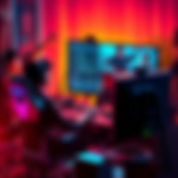 Streamer sharing rewards A streamer sitting at a gaming desk, showing a code on the screen, surrounded by gaming gear and excited fans in chat.