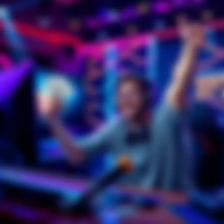 A streamer celebrating a massive jackpot, holding cash and looking ecstatic at his computer setup.