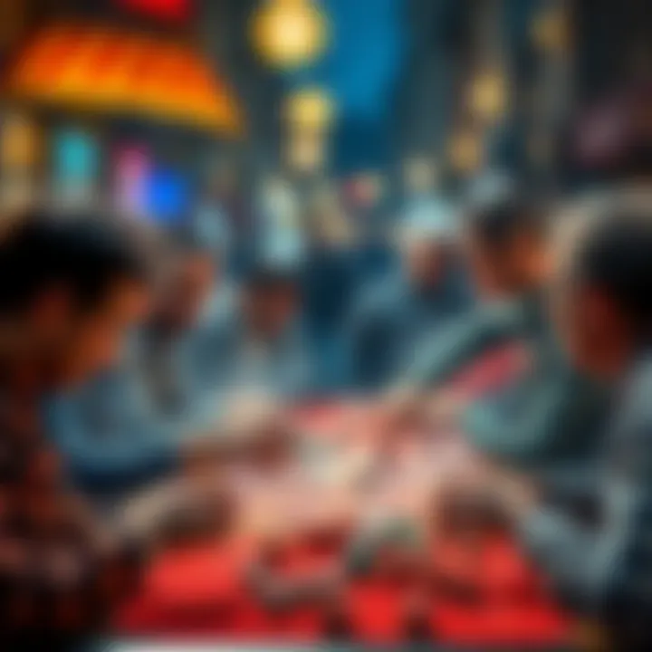 People gathered around a street dice game, placing bets and rolling dice with excitement.