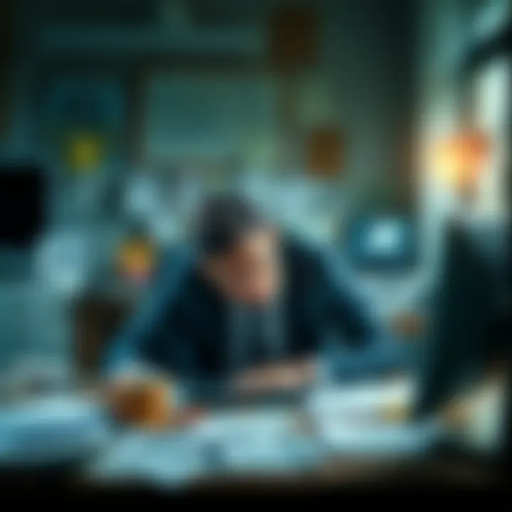 An employee sitting at a cluttered desk, looking overwhelmed and distressed after receiving bad news, with papers and a coffee cup scattered around.