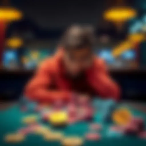 A person sitting at a table, looking worried and surrounded by gambling chips and cryptocurrency symbols, reflecting financial struggles and concerns.