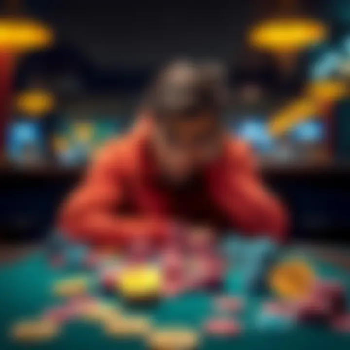 A person sitting at a table, looking worried and surrounded by gambling chips and cryptocurrency symbols, reflecting financial struggles and concerns.