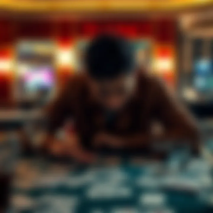 A stressed individual sitting at a table covered with playing cards, showing signs of financial loss and despair, with empty drink glasses around them