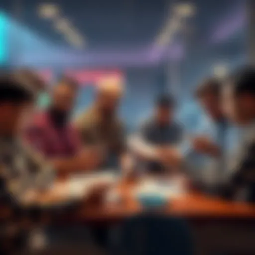 A group of frustrated sports bettors sitting around a table looking at their phones and betting slips, showing a tense atmosphere