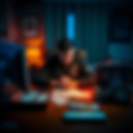 A person sitting at a computer with a distressed expression, reflecting on their challenges with online gambling. Several betting slips and a family photo are on the desk, symbolizing emotional strugg...