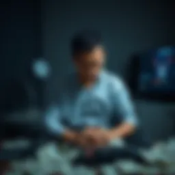 A Canadian accountant looks overwhelmed, reflecting the emotional pain of gambling addiction. He sits alone in a dimly lit room, with a gaming console and bills scattered around him.