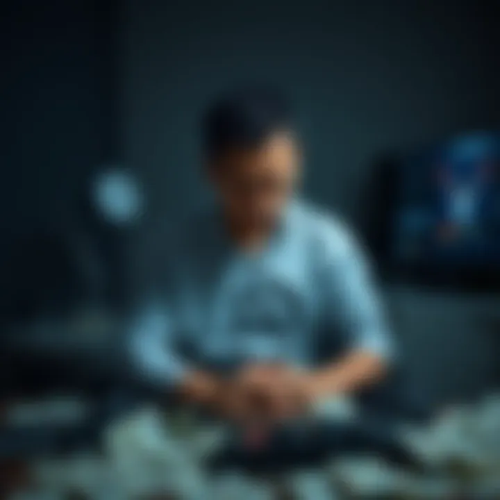 A Canadian accountant looks overwhelmed, reflecting the emotional pain of gambling addiction. He sits alone in a dimly lit room, with a gaming console and bills scattered around him.