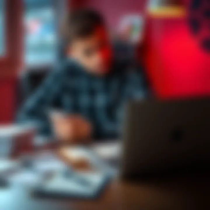 Struggling sports bettor looking for advice A new bettor sits at a table surrounded by betting slips and a laptop, expressing frustration over a losing streak, seeking guidance from online resources, with a notepad and pen nearby.