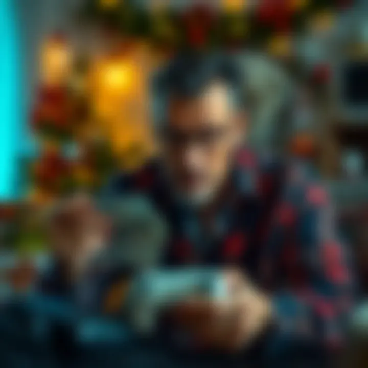 Struggling father during Christmas A father looking stressed while holding bills and a gaming console, surrounded by holiday decorations
