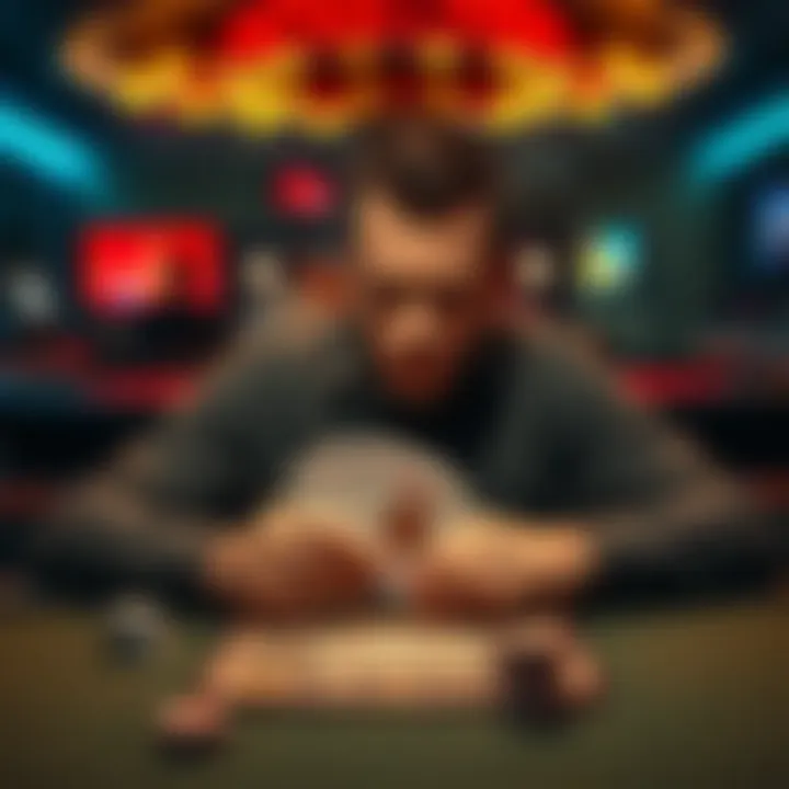 Struggling gambler in thought A recovered gambler sitting alone at a table, looking contemplative and anxious while holding a deck of cards.
