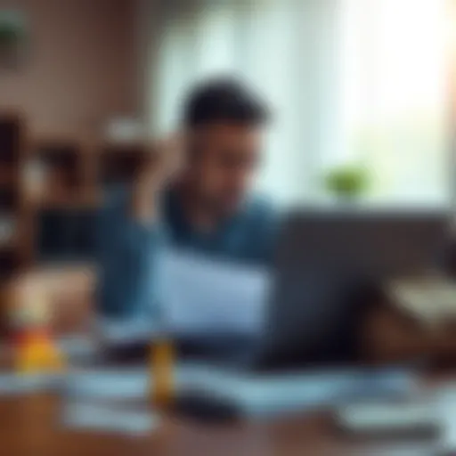 A worried man sitting at a table with a laptop, papers scattered around, looking stressed as he deals with his gambling addiction, while a baby toy is in the background, showing the impact on family l...