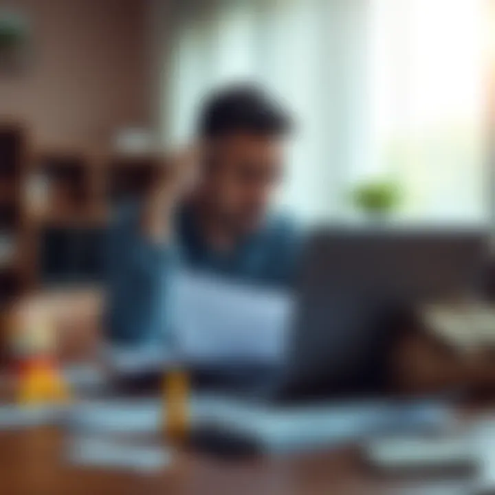 Struggling Husband with Laptop A worried man sitting at a table with a laptop, papers scattered around, looking stressed as he deals with his gambling addiction, while a baby toy is in the background, showing the impact on family l...