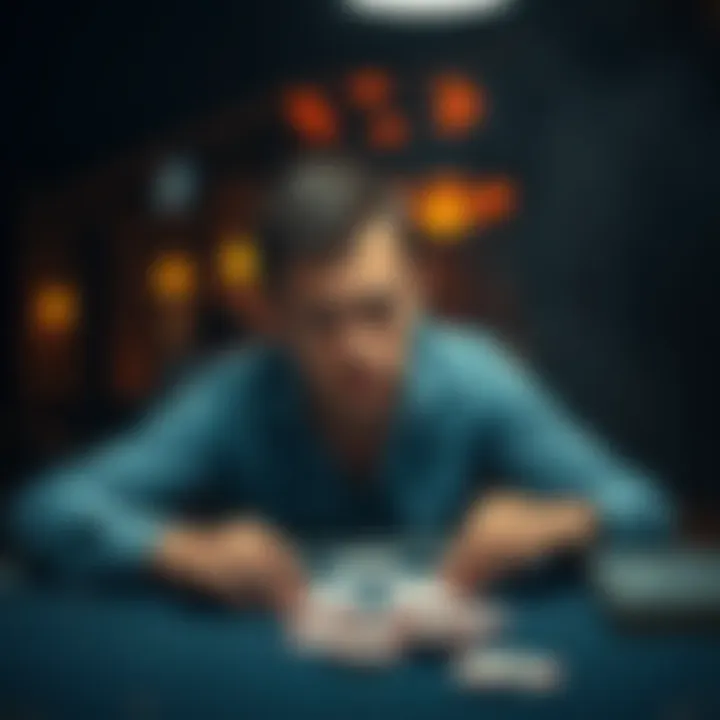 Struggling Poker Player at a Table A new poker player looks stressed while sitting at a table with cards and chips, reflecting on recent losses.