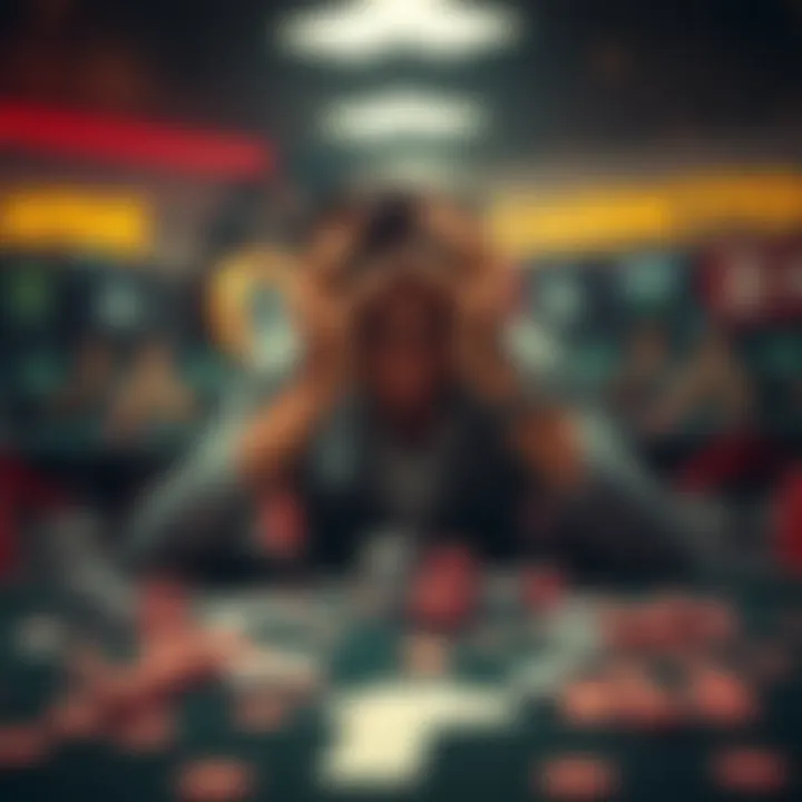 Person struggling with gambling addiction A person sitting at a table covered with gambling chips and cards, looking distressed while holding their head in their hands, symbolizing the impact of gaming addiction.