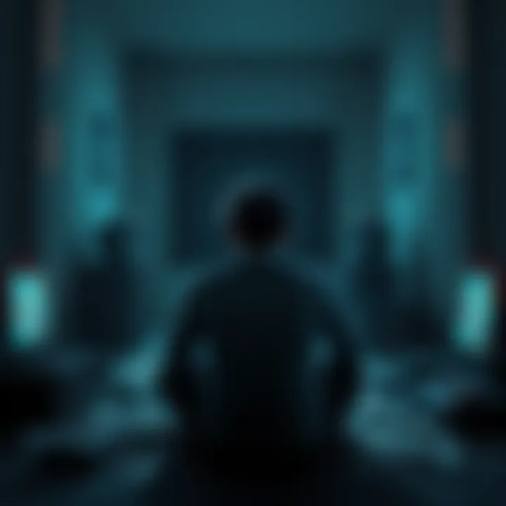 A person sitting alone in a dimly lit room, surrounded by gaming consoles and bills, looking frustrated and exhausted.