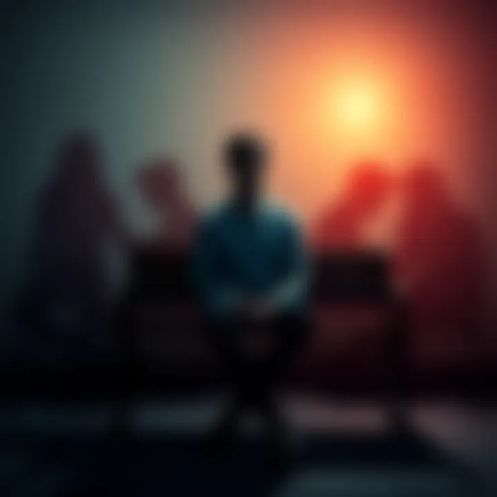 A person sitting on a bench, looking distressed while surrounded by shadows representing difficult situations, symbolizing emotional struggle.