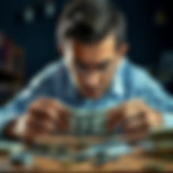 A worried person looking at bills and coins on a table, illustrating the stress from financial struggles and rising costs.