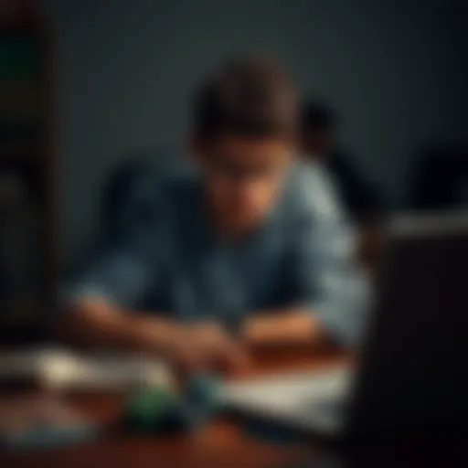 A college student looking distressed while sitting at a desk with a laptop showing a poker game, surrounded by notes and books.