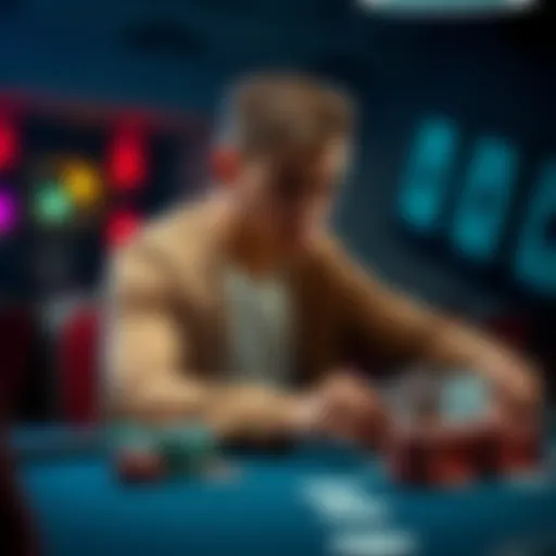 A college student focused on poker at a table with cards and chips, contemplating his next move