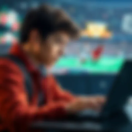 A college student looking at betting odds on a laptop, with sports images in the background