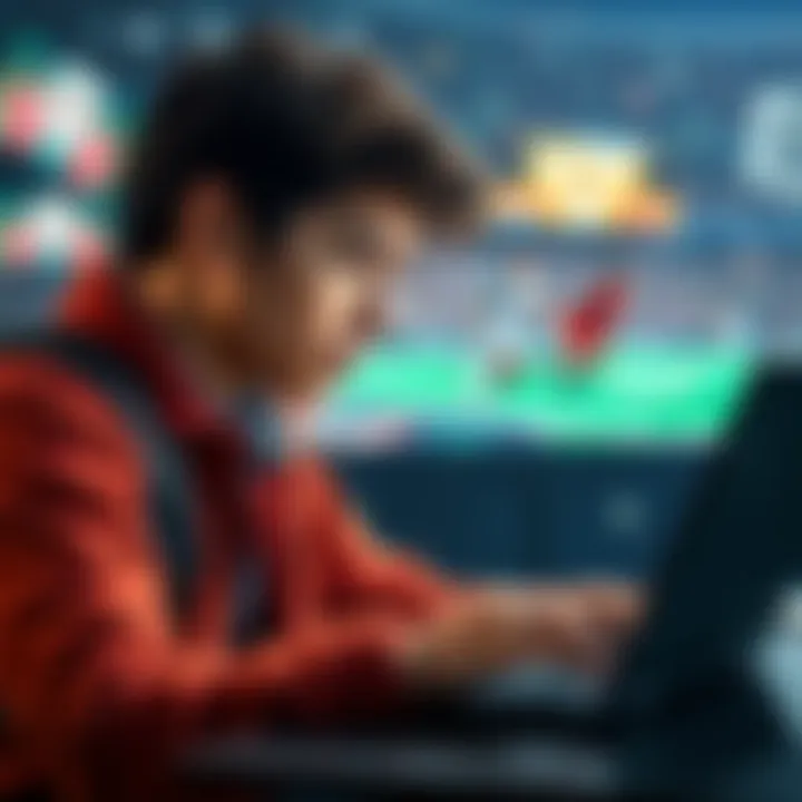 A college student looking at betting odds on a laptop, with sports images in the background