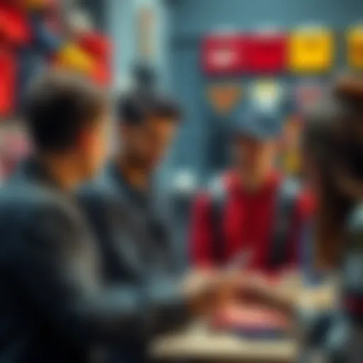 A university student discussing sports betting tips with others, with sports memorabilia in the background