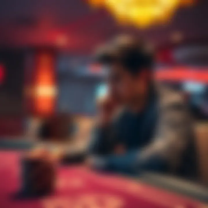 A student sitting at a table looking at $60 in chips, pondering whether to cash out or continue playing blackjack.