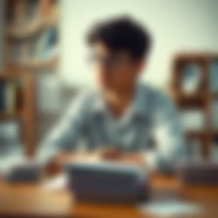 A student sitting at a desk with books and papers, looking thoughtful while considering two paths labeled 'Trancar' and 'Doação'.
