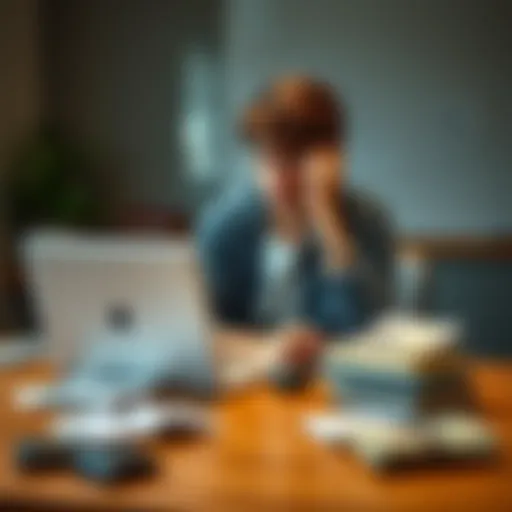 A college student looking worried while sitting at a desk with a laptop, papers, and empty wallet, symbolizing financial struggles after losing money in gambling.