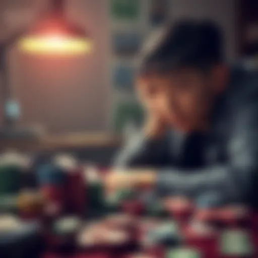 A high school student looks worried while sitting at a desk covered with gambling chips and bills, reflecting on his financial troubles.