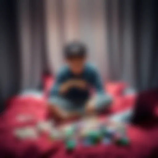 A young student sits on a bed with a worried expression, surrounded by bills and a laptop showing gambling websites.
