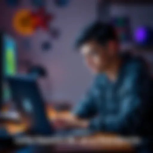 A young man sitting at a desk with a laptop, looking distressed while surrounded by gaming items, reflecting on his choices, symbolizing the fight against gaming addiction.