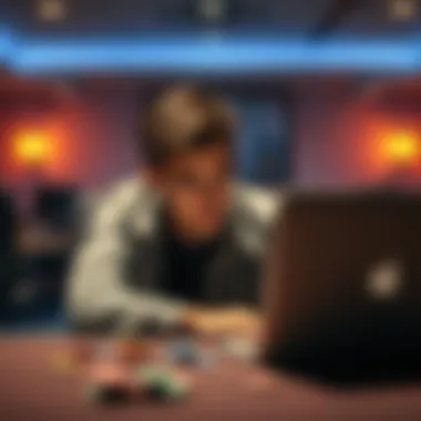 Student Reflecting on Poker Loss A young man sitting at a desk, looking worried and reflecting on his poker game losses, with a laptop open and poker chips scattered around.