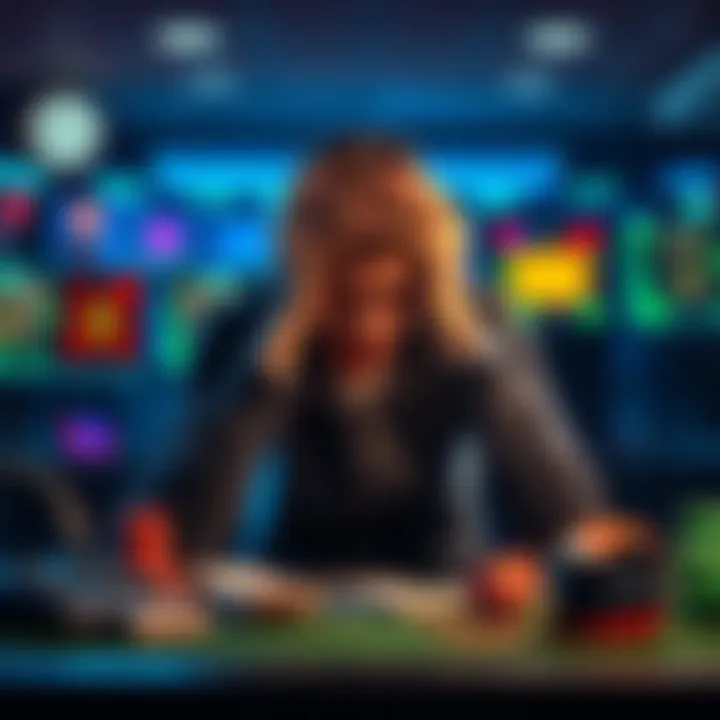 A 23-year-old student sitting alone at a desk, looking distressed while holding his head in his hands, surrounded by bills and gaming equipment, symbolizing his financial and gaming struggles.