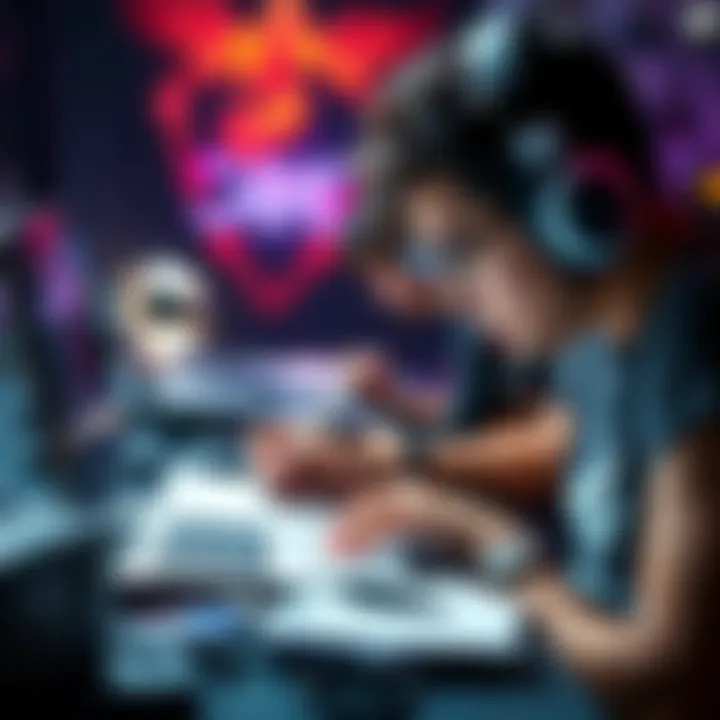 A focused player analyzing game strategies with notes and a laptop, highlighting study structure.